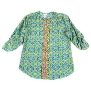 Francesca Alya Geometric Print 3/4 Sleeve Top Small Green Blue Retro Blouse